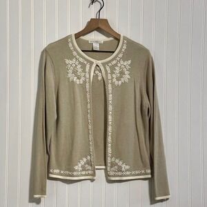 Claudia D. L Vintage 2000 Embroidered Beaded Cardigan Tan Khaki Academinc Boho